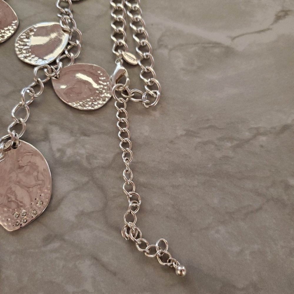 ✨ Chico's Silver Hammered Rhinestones Crystals Pave Beaded Disc Necklace ✨ - Picture 6 of 13